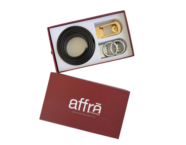 Affrā hole-free women’s belt set with black leather strap and interchangeable gold rectangular and silver double ring buckles with branded packaging