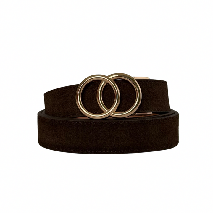 A dark brown suede belt with a unique interlocking double-ring gold-tone buckle, coiled on a plain white background.