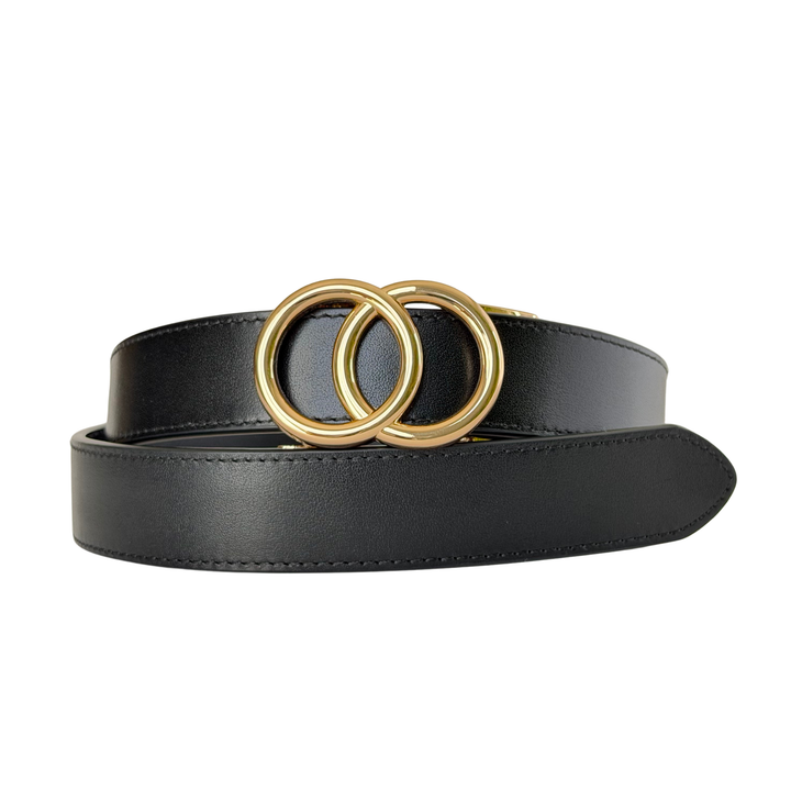 Affrā black leather adjustable belt with gold double ring buckle 