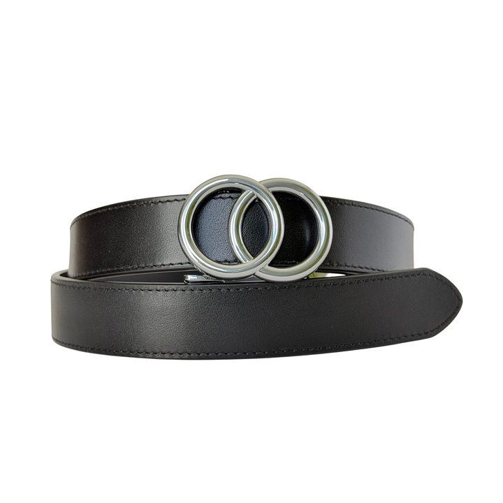 Affrā black leather adjustable belt with silver double ring buckle