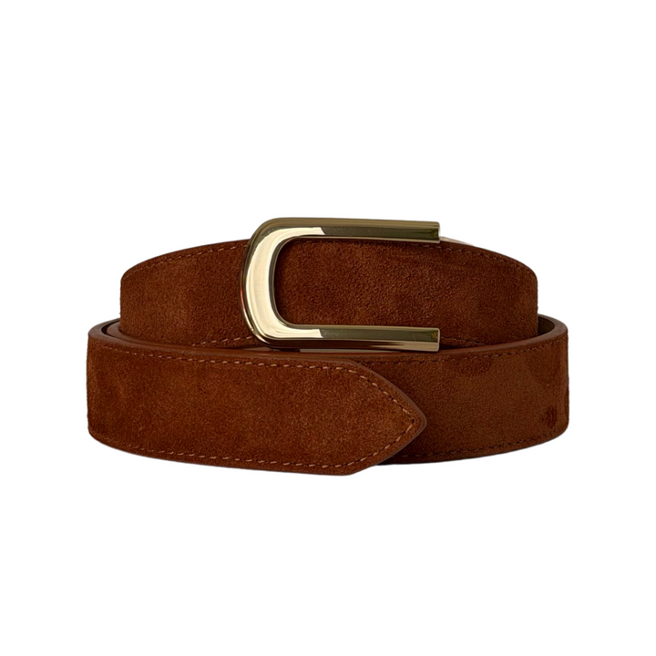 A brown suede belt with a polished gold-tone metal buckle, neatly coiled on a solid white background.