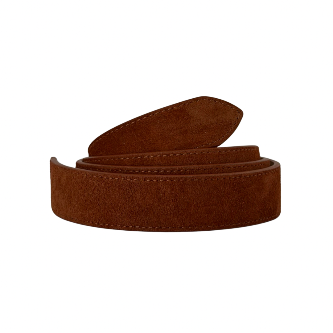 A brown suede belt coiled in a loop, shown against a plain white background.