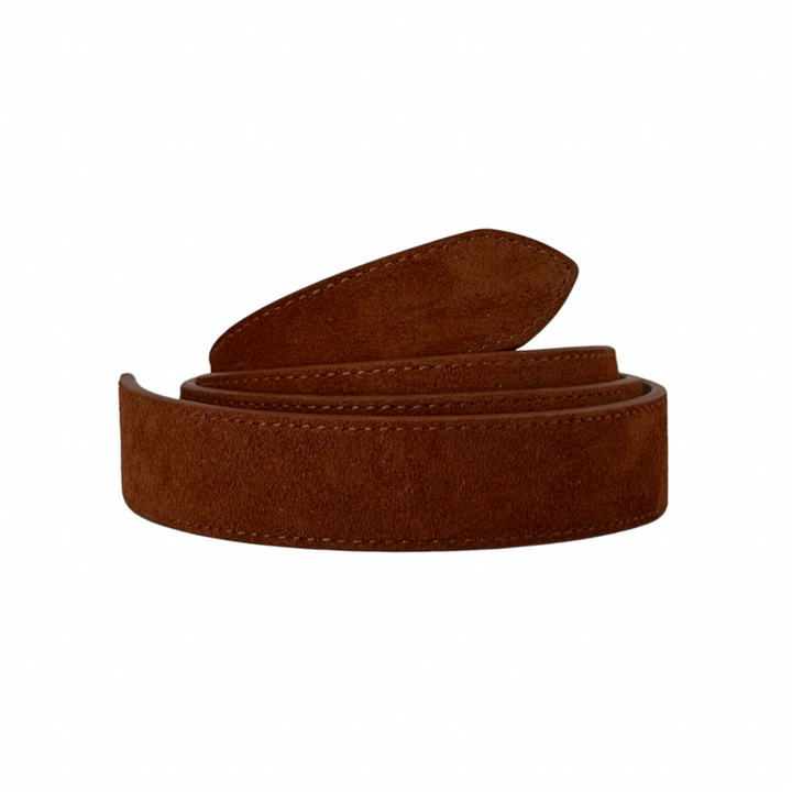 A brown suede belt coiled in a loop, shown against a plain white background.