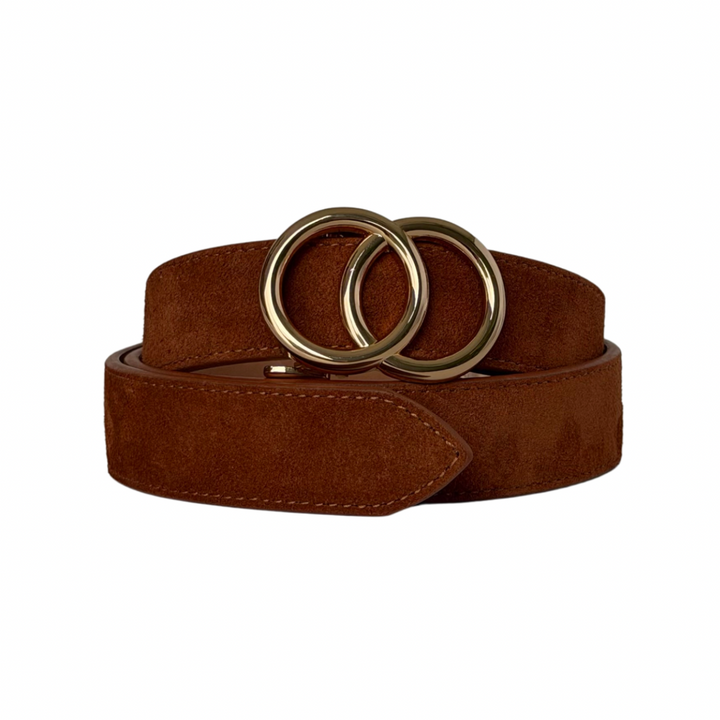 A brown suede belt with a double interlocking gold-tone metal ring buckle, coiled on a plain white background.