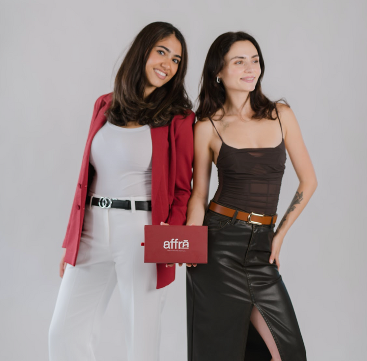 Affrā adjustable leather belts styled with different outfits featuring black and tan straps with interchangeable buckles
