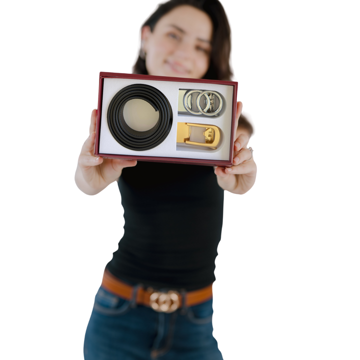 Affrā women’s micro-adjustable belt set with black top-grain leather strap and interchangeable gold and silver buckles in gift box