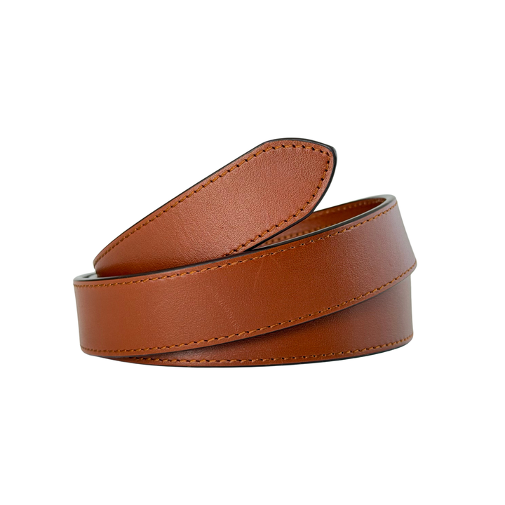 Tan leather adjustable belt strap on a white background