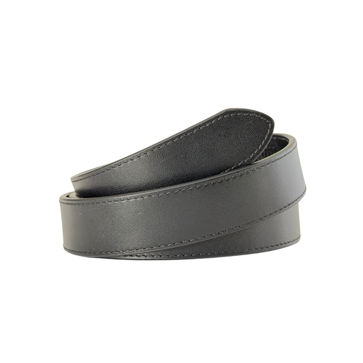 Black leather adjustable belt strap on a white background