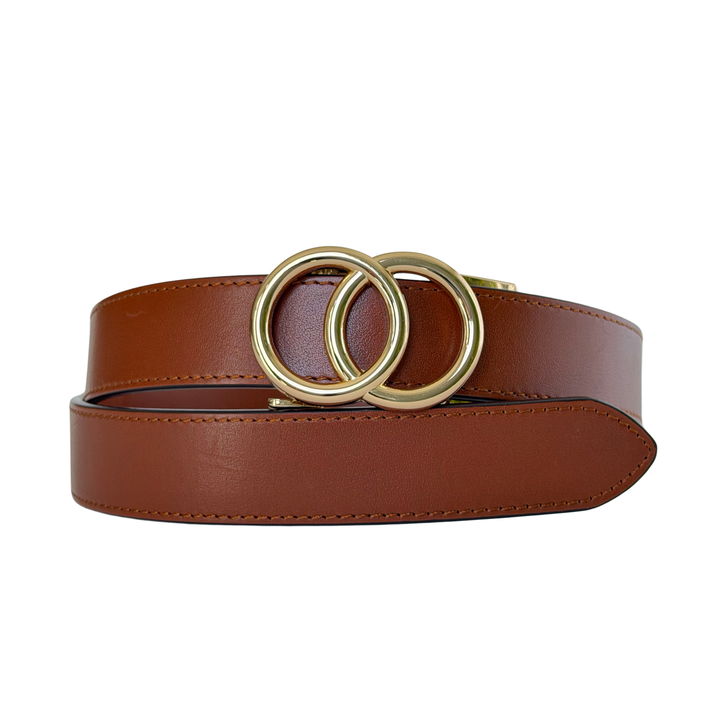 Affrā tan leather adjustable belt with gold double ring buckle