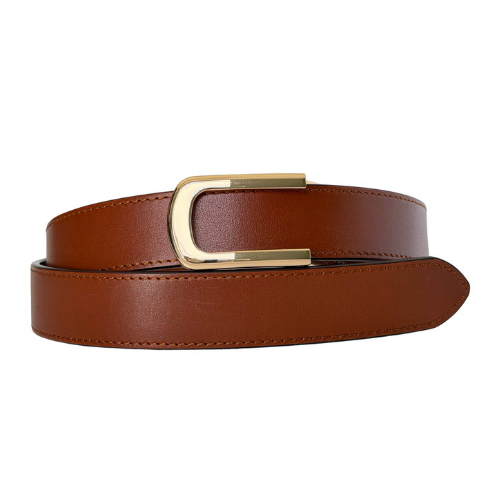 Affrā tan leather adjustable belt with gold rectangualr buckle