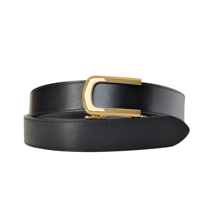Affrā black leather adjustable belt with gold rectanglar buckle 