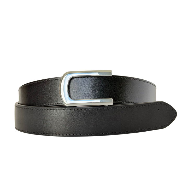 Affrā black leather adjustable belt with silver rectangular  buckle
