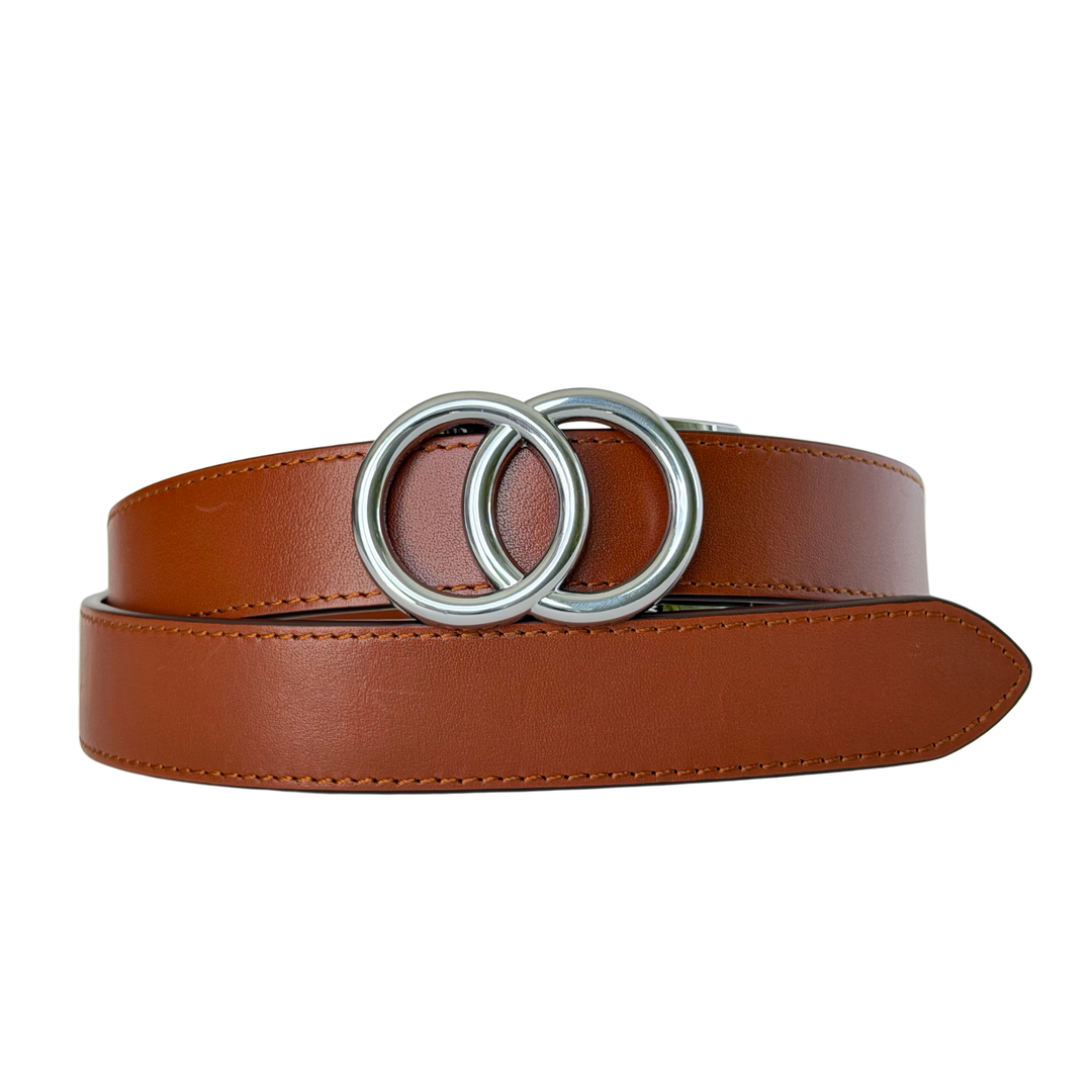 Affrā tan leather adjustable belt with silver double ring buckle